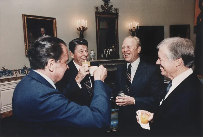 Framed Print : Four Presidents Nixon Reagan Ford Carter toasting in the Blue Room prior to leaving for Egypt and Sadat's funeral. Oct. 8 1981. (BSLOC_2011_2_19)