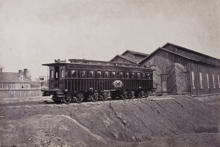 Framed Print : President's rail car at the Alexandria station, the car was later used as Lincoln's funeral car, President's car, Alexandria, Virginia, photograph by Andrew J