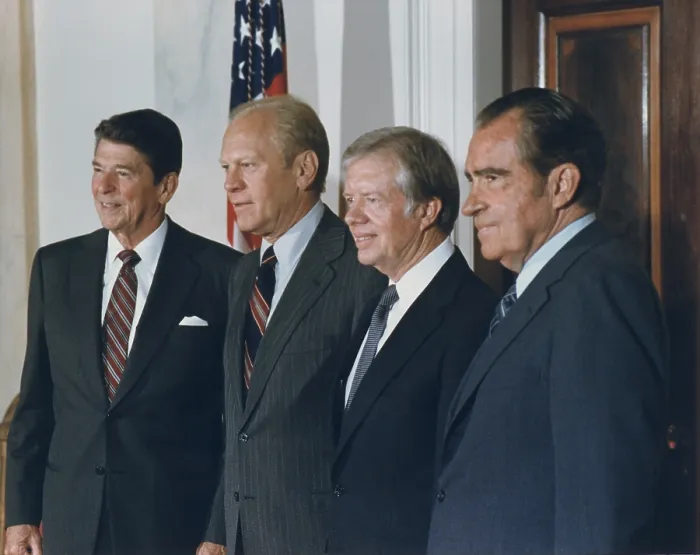 Framed Print : Four Presidents Reagan Ford Carter and Nixon prior to leaving for Egypt and Sadat's funeral. Oct. 8 1981. (BSLOC_2011_2_20) Framed Print : Four Presidents Reagan Ford Carter and Nixon prior to leaving for Egypt and Sadat's funeral. Oct. 8 1981. (BSLOC_2011_2_20)