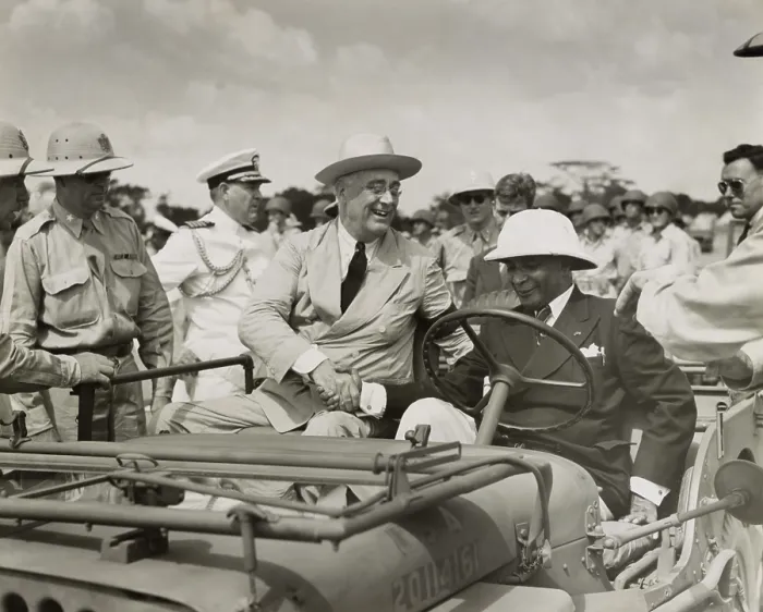 Framed Print : Presidents Roosevelt and Edwin Barclay of Liberia during WW2. They are about to review African American troops stationed in Liberia, Jan. 1943. (BSLOC_2013_7_4)