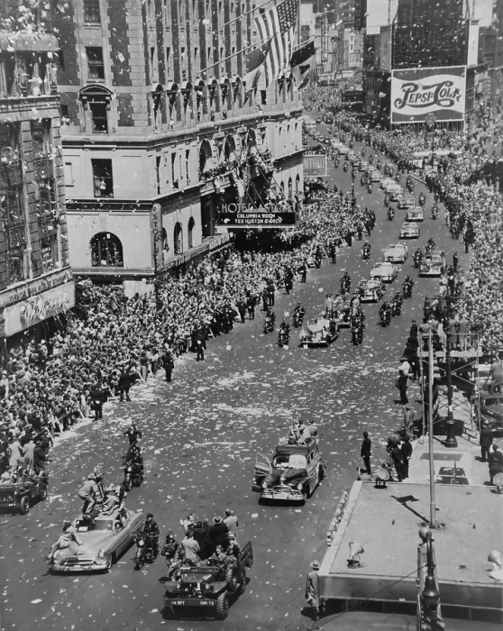 Framed Print : Press cars lead the Broadway tickertape parade for Gen. Douglas MacArthur. His open car approaches Time Square, New York City on April 20, 1951. (BSLOC_2014_11_139)