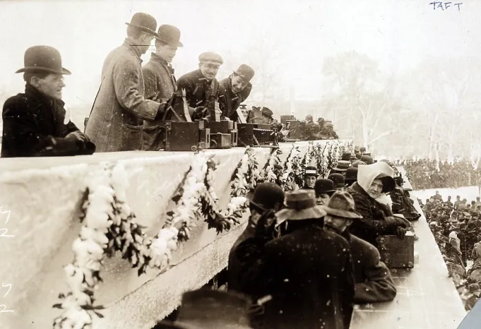 Framed Print : Press photographers waiting in the snow at President Taft's inauguration, March 4, 1909