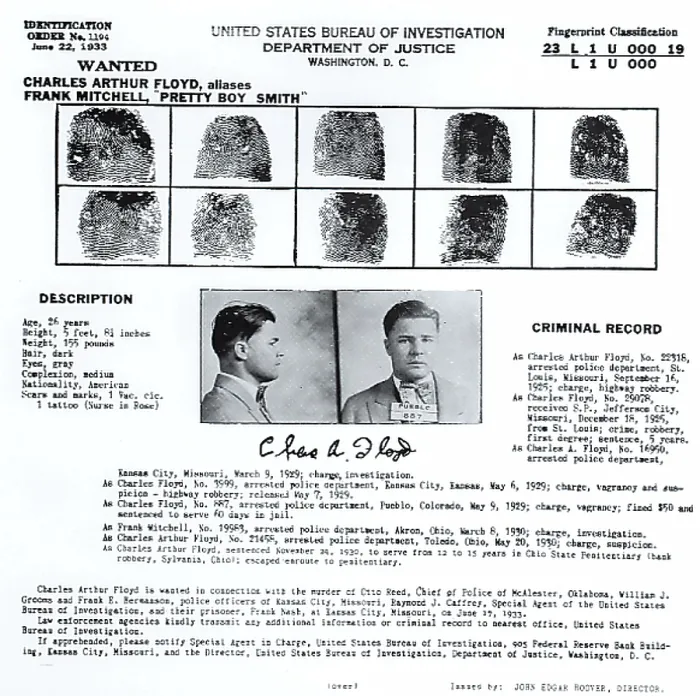  : Pretty Boy Floyd, wanted poster with mugshot and fingerprints for Charles Pretty Boy Arthur Floyd (1904-1934), American bank robber, June 22, 1933