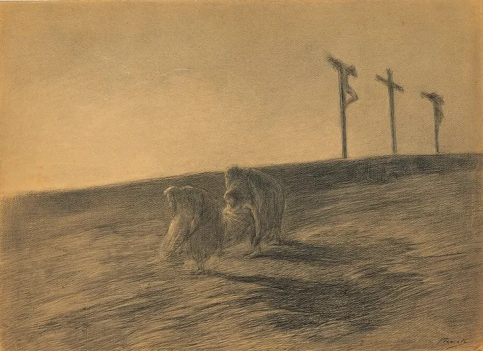 Framed Print : Previati Gaetano, Transportation of the dead body of Christ, 1900, 20th Century, charcoal and pencil on cardboard, Italy, Veneto, Venice
