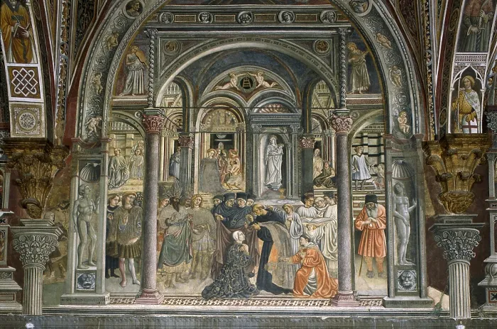 Framed Print : PRIAMO DELLA QUERCIA (c. 1374-1438). Investiture of the Rector of the Hospital. 1442. ITALY. Siena. Ospedale di Santa Maria della Scala (Santa Maria della Scala Hospital)