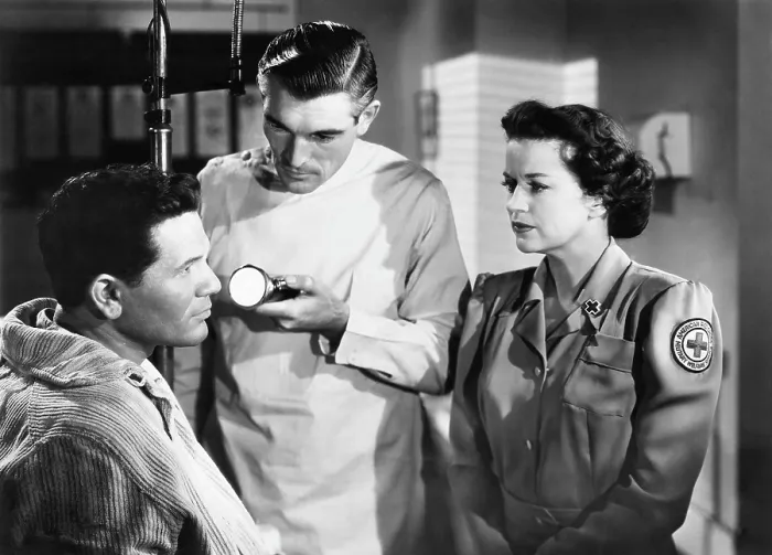 Framed Print : PRIDE OF THE MARINES, from left: John Garfield, Rory Mallinson, Rosemary DeCamp, 1945