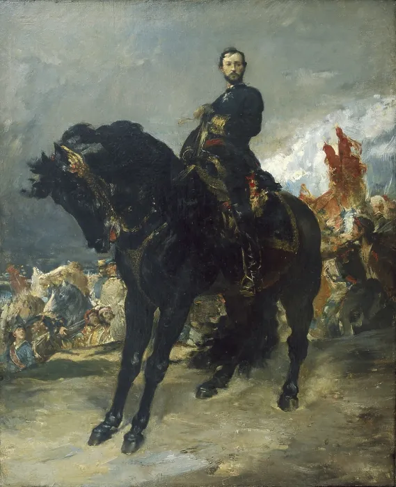 Framed Print : PRIM I PRATS, Joan (1814-1870). Spanish general and politician, Prime Minister (1869-1970). Equestrian Portrait of General Prim. Juan Prim, 8th October 1868. 1869