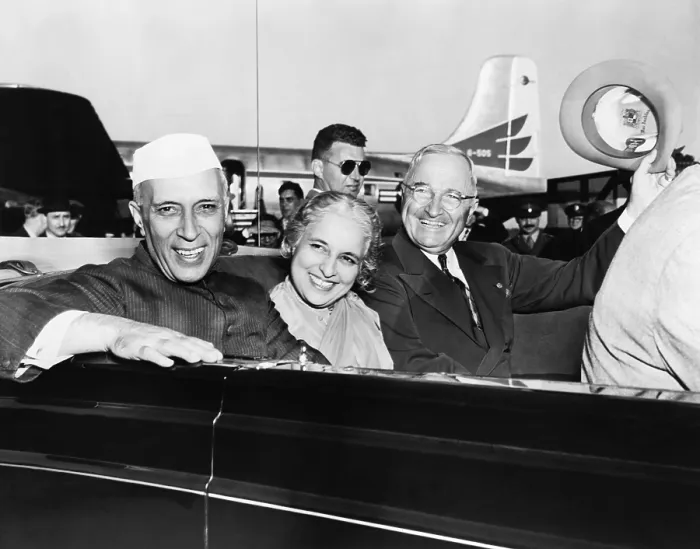 Framed Print : Prime Minister Jawaharlal Nehru of India and President Harry Truman in open car