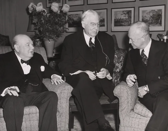 Framed Print : Prime Minister Winston Churchill, financier Bernard Baruch, and President-elect Dwight Eisenhower meet informally at Baruch's residence in New York. Jan, 7, 1953