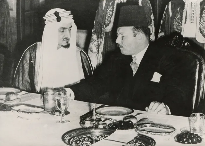Framed Print : Prince Faisal l bin Abdulaziz of Saudi Arabia and King Farouk of Egypt. They dine at Ras el-Tin Palace in Alexandria following a meeting of the Arab League, April 9, 1946