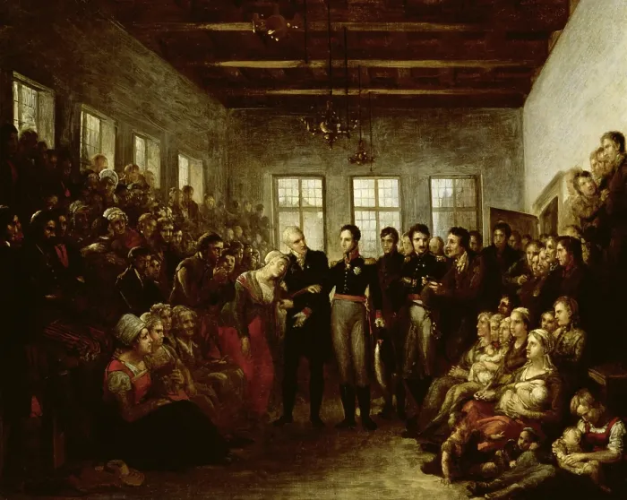 Framed Print : Prince of Orange Visiting Flood Victims at the Almoners Orphanage, Amsterdam, Feb. 14, 1825, by Mattheus Ignatius van Bree, 1825, Dutch painting, oil on canvas (BSLOC_2016_2_260)