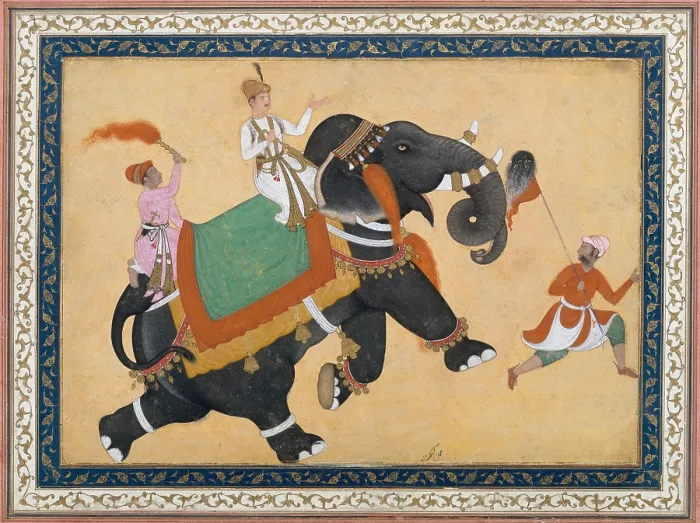 Framed Print : PRINCE RIDING AN ELEPHANT, by Khem Karan, 16th-17th c. Indian, Mughal watercolor painting. Elephants were prized and often the subject of Mughal artworks Framed Print : PRINCE RIDING AN ELEPHANT, by Khem Karan, 16th-17th c. Indian, Mughal watercolor painting. Elephants were prized and often the subject of Mughal artworks