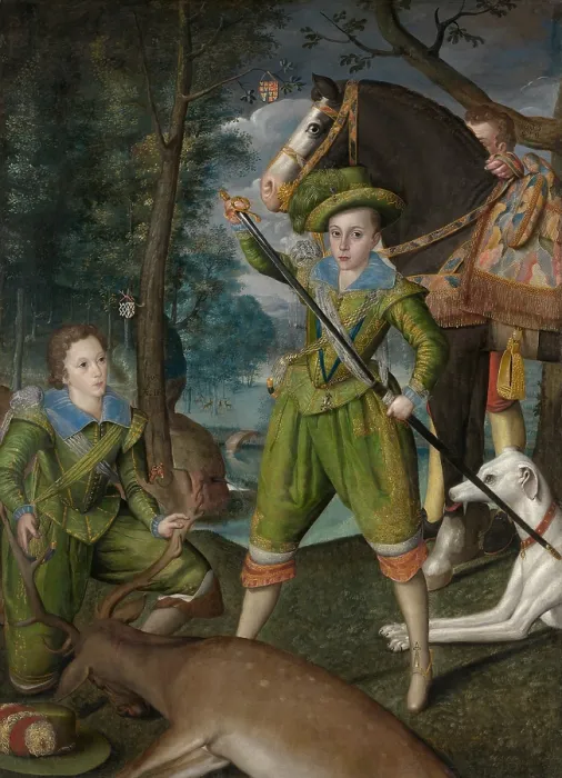 Framed Print : PRINCE OF WALES, HUNTING WITH SIR JOHN HARINGTON, by Robert Peake the Elder, 1603, British painting Framed Print : PRINCE OF WALES, HUNTING WITH SIR JOHN HARINGTON, by Robert Peake the Elder, 1603, British painting