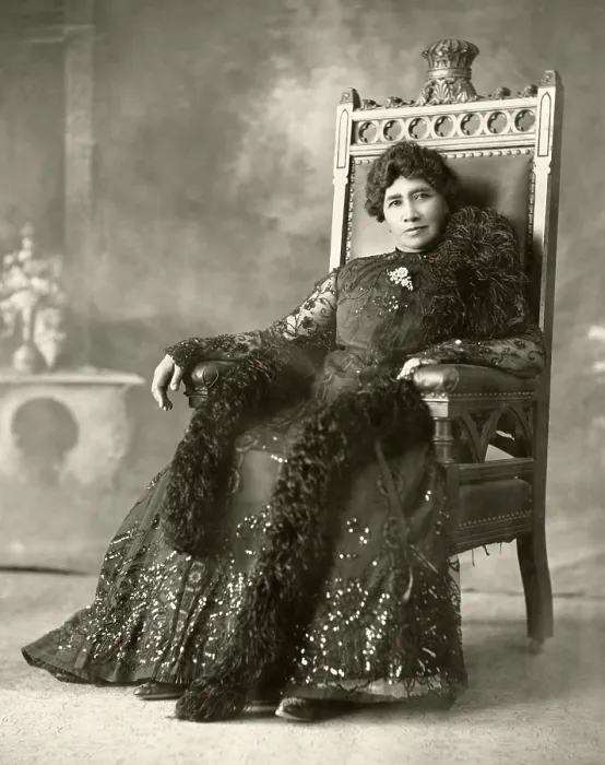 Framed Print : Princess Liliuokalani seated in a crowned chair that marked her place in the palace dining room, c. 1880 (BSLOC_2017_20_58) Framed Print : Princess Liliuokalani seated in a crowned chair that marked her place in the palace dining room, c. 1880 (BSLOC_2017_20_58)