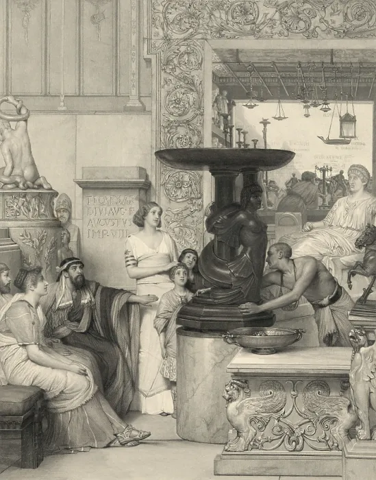 Framed Print : Print based on a Lawrence Alma Tadema (1836-1912) painting, showing a Roman family of men, women, and children admiring a sculpture on a pedestal being rotated by a slave