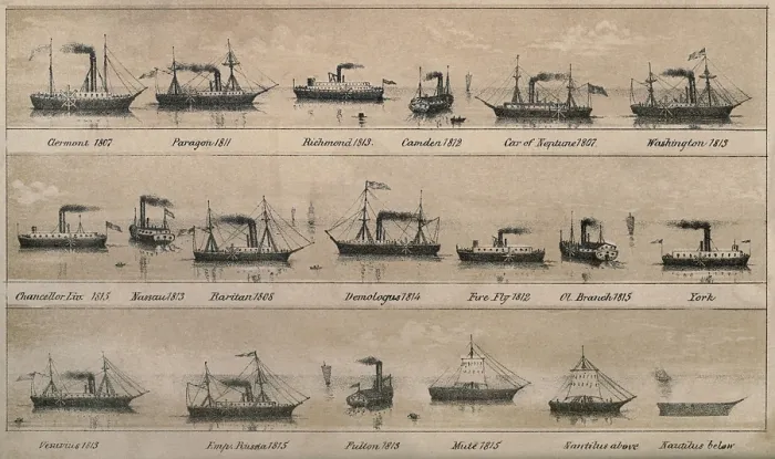 Framed Print : Print depicting 19 early steamships built between 1807 and 1815 including Robert Fulton's CLERMONT and NAUTILUS. lifeofrobertfult00reigrich_0024