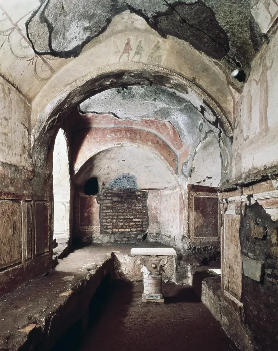 Framed Print : Priscilla Catacomb. ca. 200-250. ITALY. Rome. Catacombs of Priscilla. Room of the Fratio Panis. Paleo-christian art. Architecture