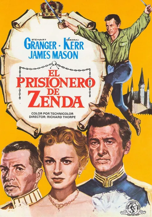 Framed Print : THE PRISONER OF ZENDA, (aka EL PRISIONERO DE ZENDA), top: Stewart Granger, bottom l-r: James Mason, Deborah Kerr, Stewart Granger on Spanish poster art, 1952