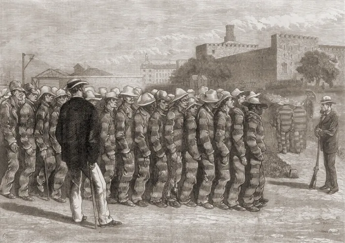 Framed Print : Prisoners returning from work on Blackwell's Island, New York City, 1876. The island in the East River had a Lunatic Asylum, Workhouse, Alms House, Prison Framed Print : Prisoners returning from work on Blackwell's Island, New York City, 1876. The island in the East River had a Lunatic Asylum, Workhouse, Alms House, Prison