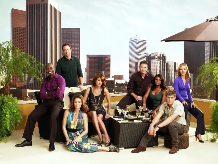 Framed Print : PRIVATE PRACTICE, (standing) Paul Adelstein, (sitting, from left) Taye Diggs, Amy Brenneman, Kate Walsh, TIm Daly, Audra McDonald, Chris Lowell, Kadee Strickland, (Season 3)