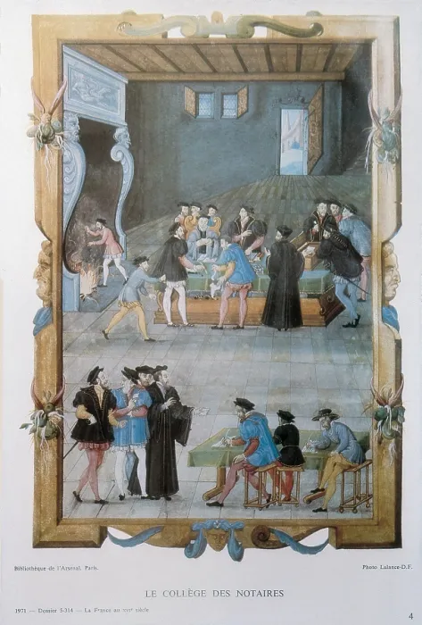 Framed Print : Privileges of the royal school of notaries and secretaries, 1365-1545. Manuscript MS-5169, Page 2v. 16th century. Illustration from 'La France au XVI sicle'. 1971