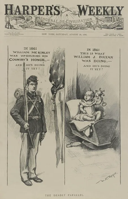 Framed Print : Pro McKinley, anti-Bryan, political cartoon on the cover of HARPERS WEEKLY, August 29, 1896 Framed Print : Pro McKinley, anti-Bryan, political cartoon on the cover of HARPERS WEEKLY, August 29, 1896