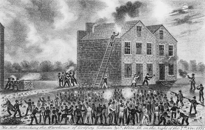 Framed Print : A Pro-slavery mob burning down the building housing the newspaper of abolitionist Elijah Parish Lovejoy (1802- 1837) on November 7, 1837 Framed Print : A Pro-slavery mob burning down the building housing the newspaper of abolitionist Elijah Parish Lovejoy (1802- 1837) on November 7, 1837