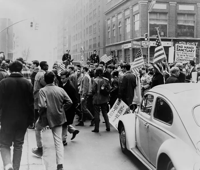 Framed Print : Pro-Vietnam War demonstrators. Counter-demonstrators, marching on New York City's Third Avenue with flags and placards supporting of the war in Vietnam. April 15, 1967