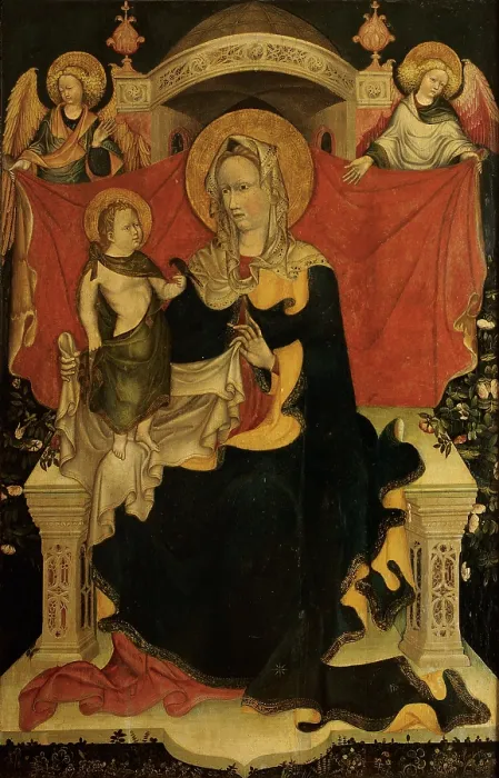 Framed Print : probably Artista veneziano, Madonna and Child Enthroned with two angels, 1420 - 1430, 15th Century, tempera on panel, Italy, Emilia Romagna, Roncofreddo, Forl, Cesena