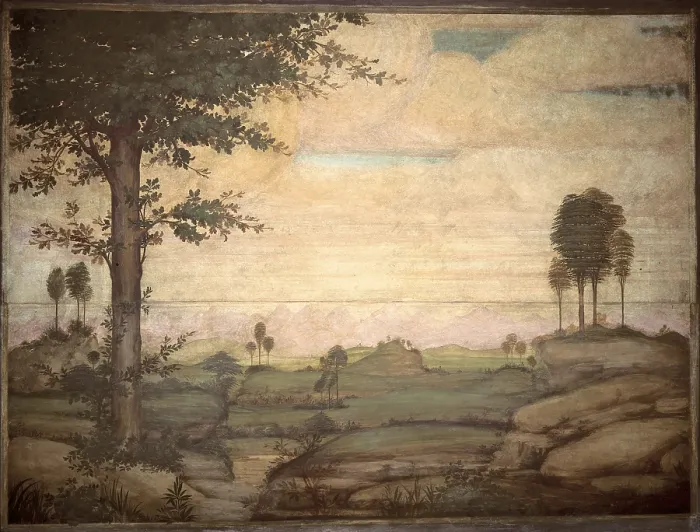 Framed Print : probably Luini Bernardino, Landscape, 16th Century, fresco, Italy, Lombardy, Milan, San Maurizio al Monastero Maggiore Church Framed Print : probably Luini Bernardino, Landscape, 16th Century, fresco, Italy, Lombardy, Milan, San Maurizio al Monastero Maggiore Church