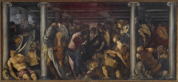 Framed Print : The Probatica Piscine, by Jacopo Robusti known as Tintoretto, 1559 about, 16th Century, oil on canvas, cm 238 x 560 - Italy, Veneto, Venice, San Rocco Church. All Framed Print : The Probatica Piscine, by Jacopo Robusti known as Tintoretto, 1559 about, 16th Century, oil on canvas, cm 238 x 560 - Italy, Veneto, Venice, San Rocco Church. All