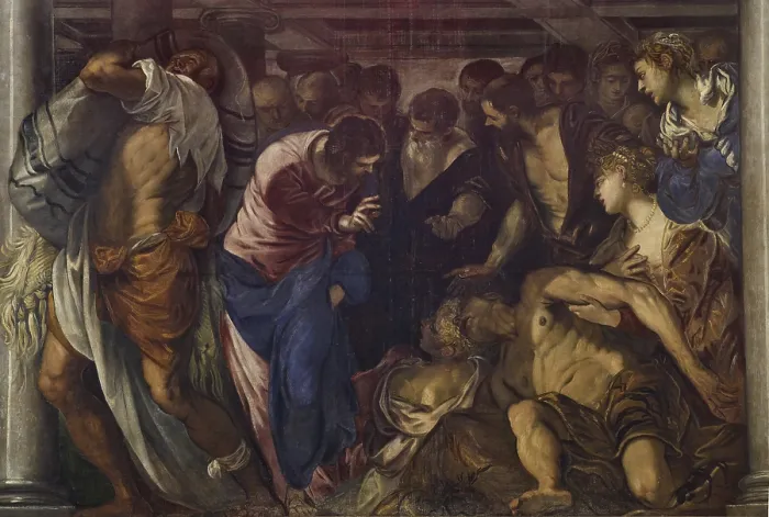 Framed Print : The Probatica Piscine, by Jacopo Robusti known as Tintoretto, 1559 about, 16th Century, oil on canvas, cm 238 x 560 - Italy, Veneto, Venice, San Rocco Church. Detail