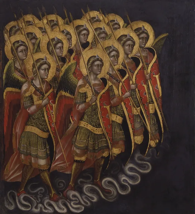 Framed Print : Procession of angels armored and armed or Principalities, by Guariento di Arpo, 1345 - 1360, 14th Century, tempera and gold on board, 119 x 107 cm - Italy, Veneto, Padua
