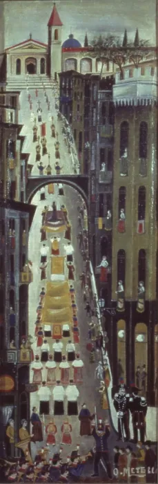 Framed Print : The procession comes back, by Orneore Metelli, 1922 - 1938, 20th Century, oil on pilewood, 93 x 30 cm - Italy, Umbria, Terni, Civic Collection Orneore Metelli. Whole artwork view