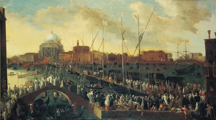Framed Print : Procession of the Feast of the Redeemer (La processione del Redentore), by Joseph Heintz the Younger, 17th Century, oil on canvas, 115 x 205 cm - Whole artwork view