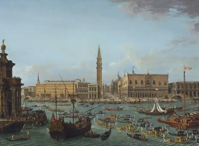 Framed Print : Procession of Gondolas in the Bacino di San Marco, Venice, by Antonio Joli, 1742-60, Italian painting, oil on canvas