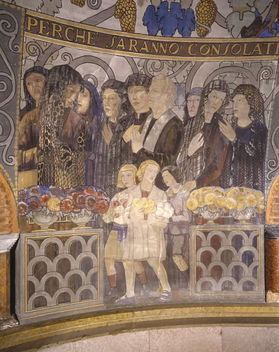 Framed Print : Procession of women Sommacampagna accompanied by a Priest, by Angelo Zamboni, 1921, 20th Century, tempera on wall - Italy, Veneto, Sommacampagna, Church of Salvation. Detail