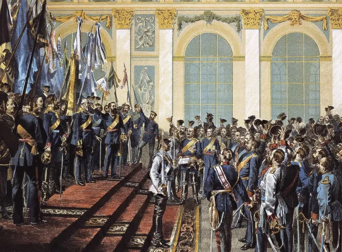 Framed Print : Proclamation of the German Empire in Versailles (Janury 18, 1871). William I of Prussia becomes Emperor of Germany. Litography. AISA / Everett Collection**US SALES ONLY**