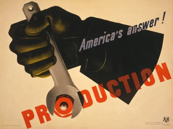 Framed Print : Production, America's answer! American World War 2 poster by French Graphic artist, Jean Carlu, 1941. (BSLOC_2013_14_215) Framed Print : Production, America's answer! American World War 2 poster by French Graphic artist, Jean Carlu, 1941. (BSLOC_2013_14_215)