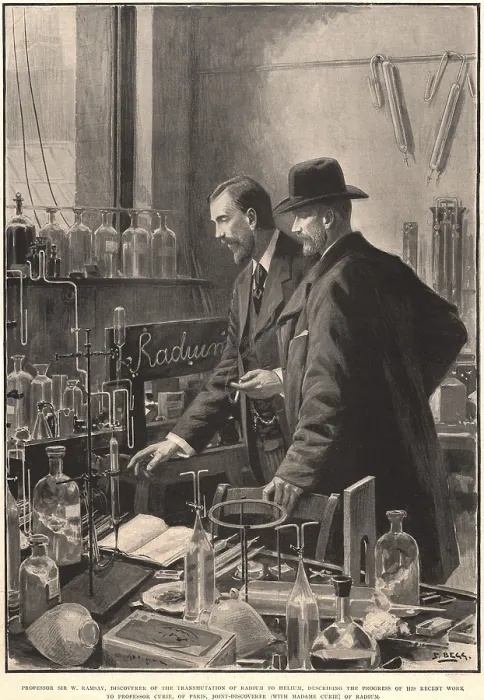 Framed Print : Professor Sir W. Ramsay, discoverer of the transmutation of radium to helium, describing the progress of his recent work to Professor Curie
