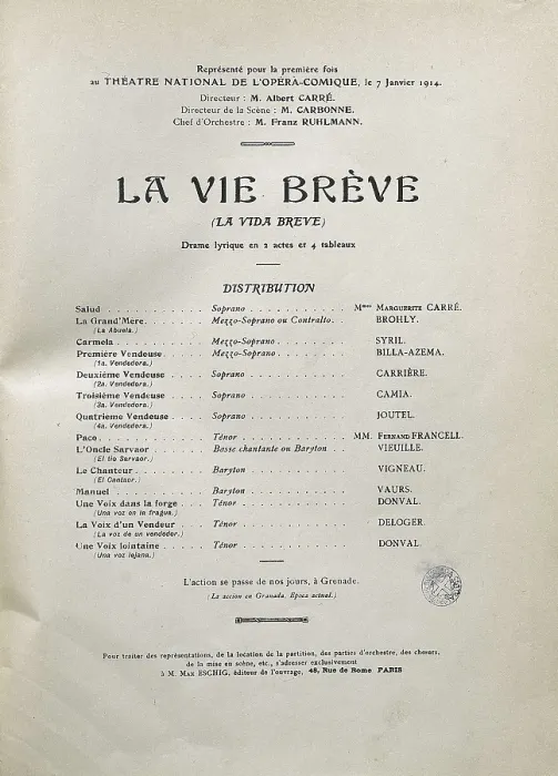 Framed Print : Programme and repertoire of the first performance of 'La vida breve' (Life is Short) by Manuel Falla