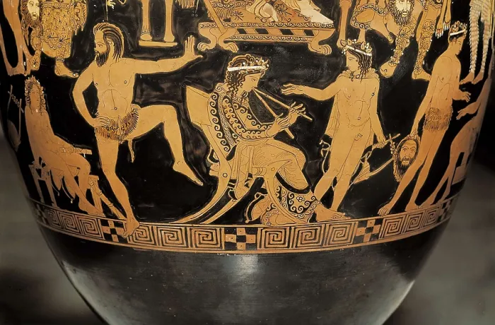 Framed Print : PRONOMOS, Painter (5th C. BC-4th C. BC). Attic red-figure volute-krater decorated with a scene of actors and musicians. 5th c. BC