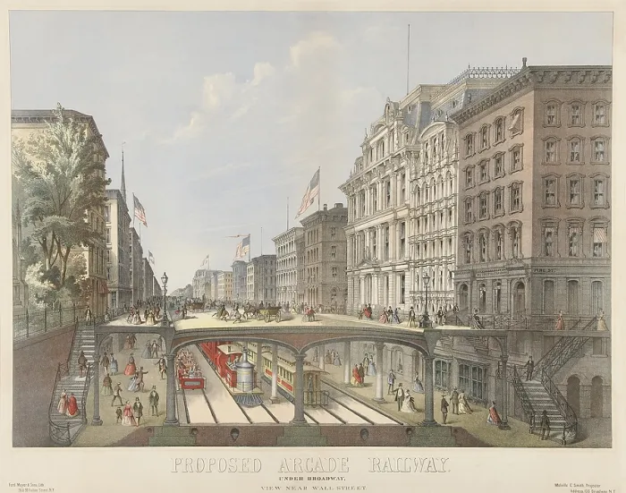 Framed Print : A proposed arcade railroad, under Broadway in New York City, ca. 1850s. This imagined view north begins at Wall Street, with Trinity Church on left Framed Print : A proposed arcade railroad, under Broadway in New York City, ca. 1850s. This imagined view north begins at Wall Street, with Trinity Church on left