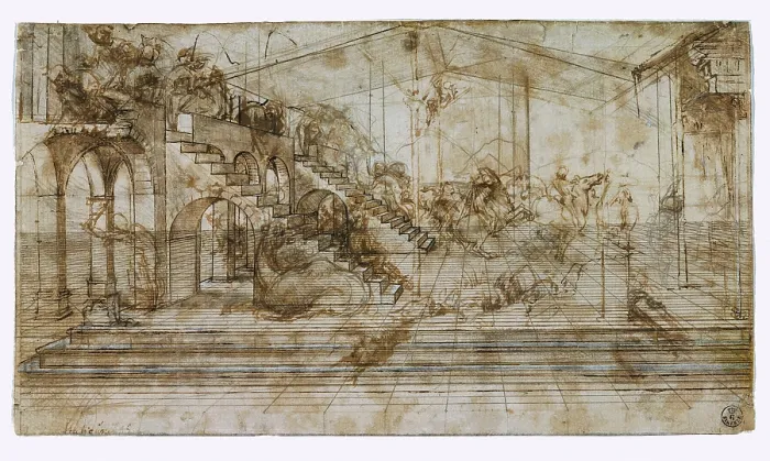 Framed Print : Prospective study for the Adoration of the Magi, by Leonardo da Vinci, 15th Century, 1481, pen, sepia and white paint on white paper, - Italy, Tuscany, Florence, Uffizi Gallery