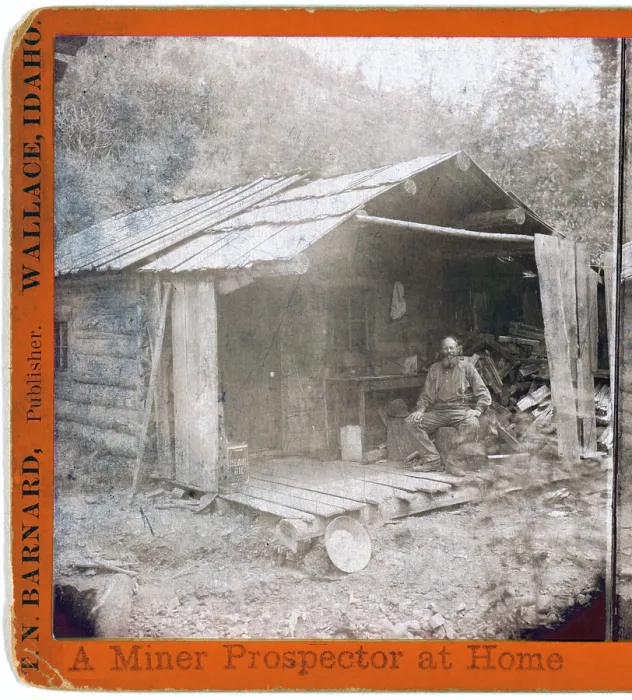 Framed Print : Prospector Archie Smith on the porch of his cabin, Eagle Creek, Murray, Idaho. Albumen print, 1889 Framed Print : Prospector Archie Smith on the porch of his cabin, Eagle Creek, Murray, Idaho. Albumen print, 1889