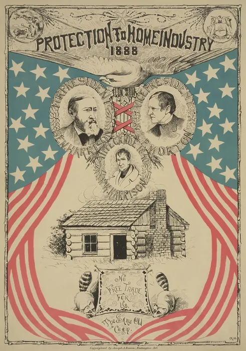 Framed Print : PROTECTION TO HOME INDUSTRIES 1888, pledges a Republican Presidential poster for Harrison & Morton. Portraits of Benjamin Harrison and Levi P
