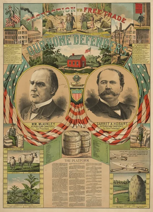 Framed Print : PROTECTION VS. FREE TRADE. OUR HOME DEFENDERS, a poster for 1896 Republican Presidential candidates. Patriotic portraits of Gov Framed Print : PROTECTION VS. FREE TRADE. OUR HOME DEFENDERS, a poster for 1896 Republican Presidential candidates. Patriotic portraits of Gov