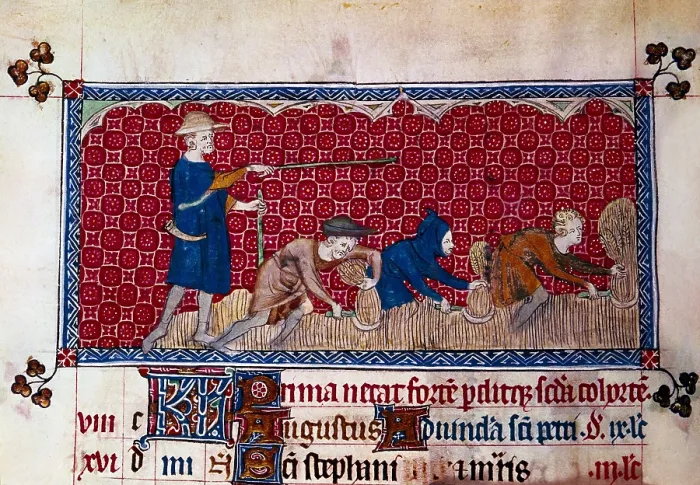 Framed Print : Psalterium of Queen Mary (1310-1320). Calendar: Fol. 78v belonging to August, depicting three men harvesting and a farmer directing them. Gothic art. Miniature Painting Framed Print : Psalterium of Queen Mary (1310-1320). Calendar: Fol. 78v belonging to August, depicting three men harvesting and a farmer directing them. Gothic art. Miniature Painting