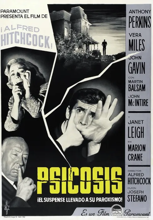 Framed Print : PSYCHO (aka PSICOSIS), left from top: Vera Miles, Alfred Hitchcock, right: Anthony Perkins on Spanish poster art, 1960