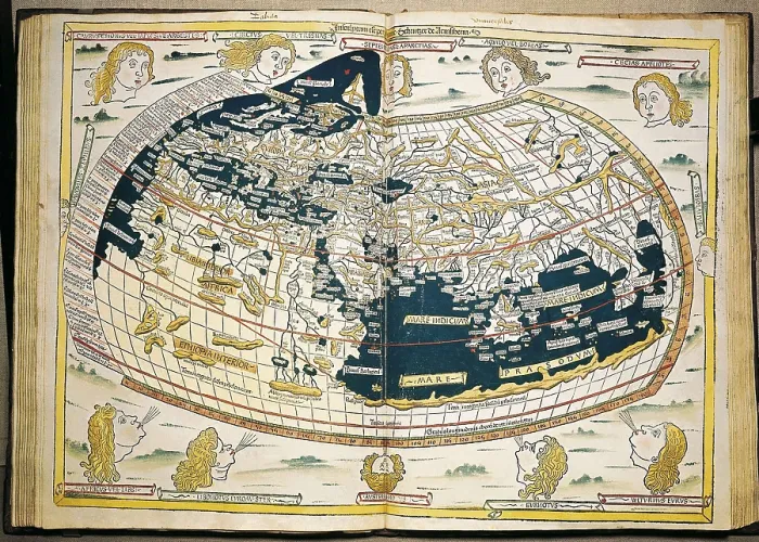 Framed Print : PTOLEMY, Claudius Ptolemaeus ( c. AD 100 - c. AD 170). 'Geography'. Worl map. Edition from 1482 with translation by Jacobus Angelus. Painting. UNITED KINGDOM. ENGLAND